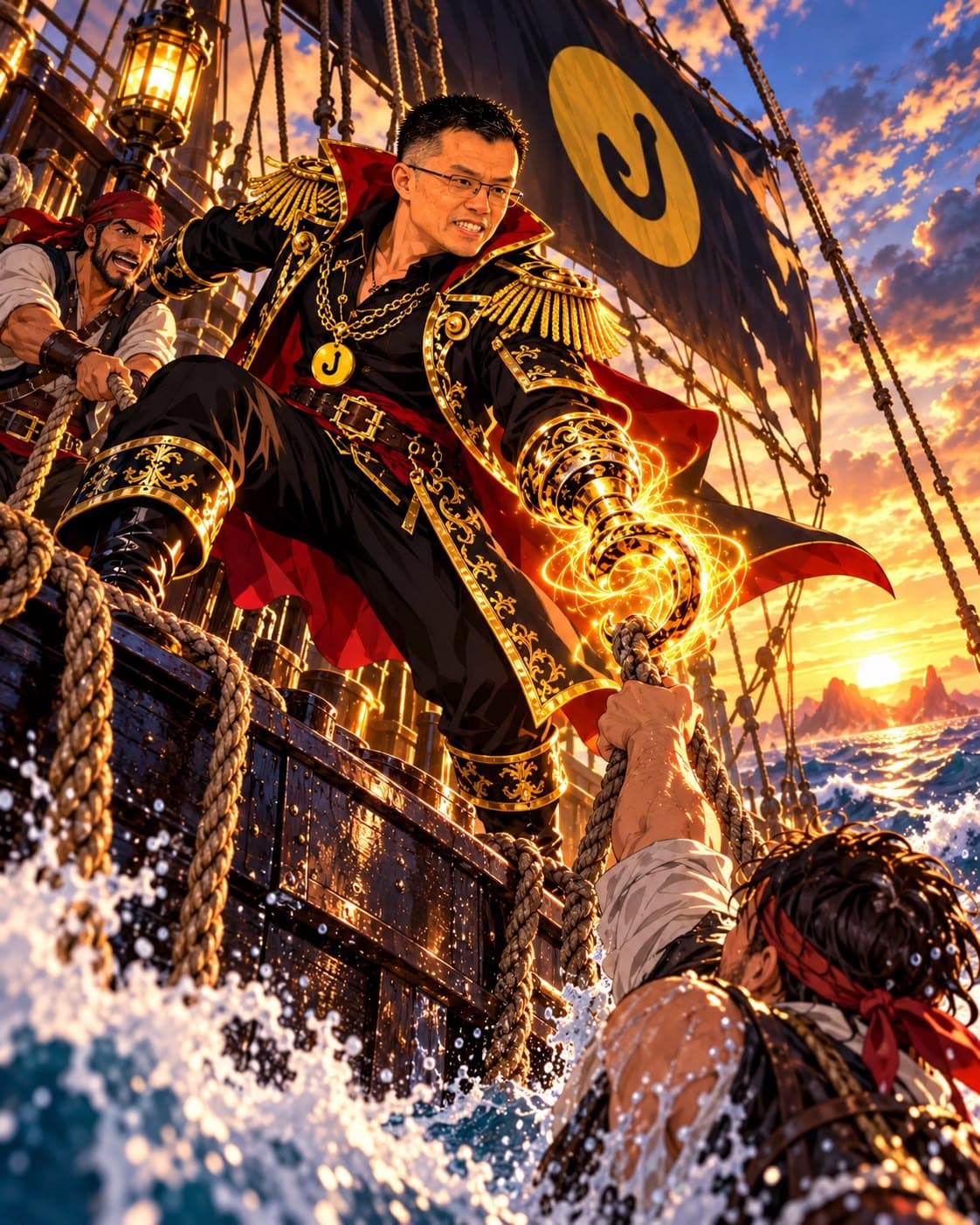 The captain pulls a crew member out of the waves with his golden hook