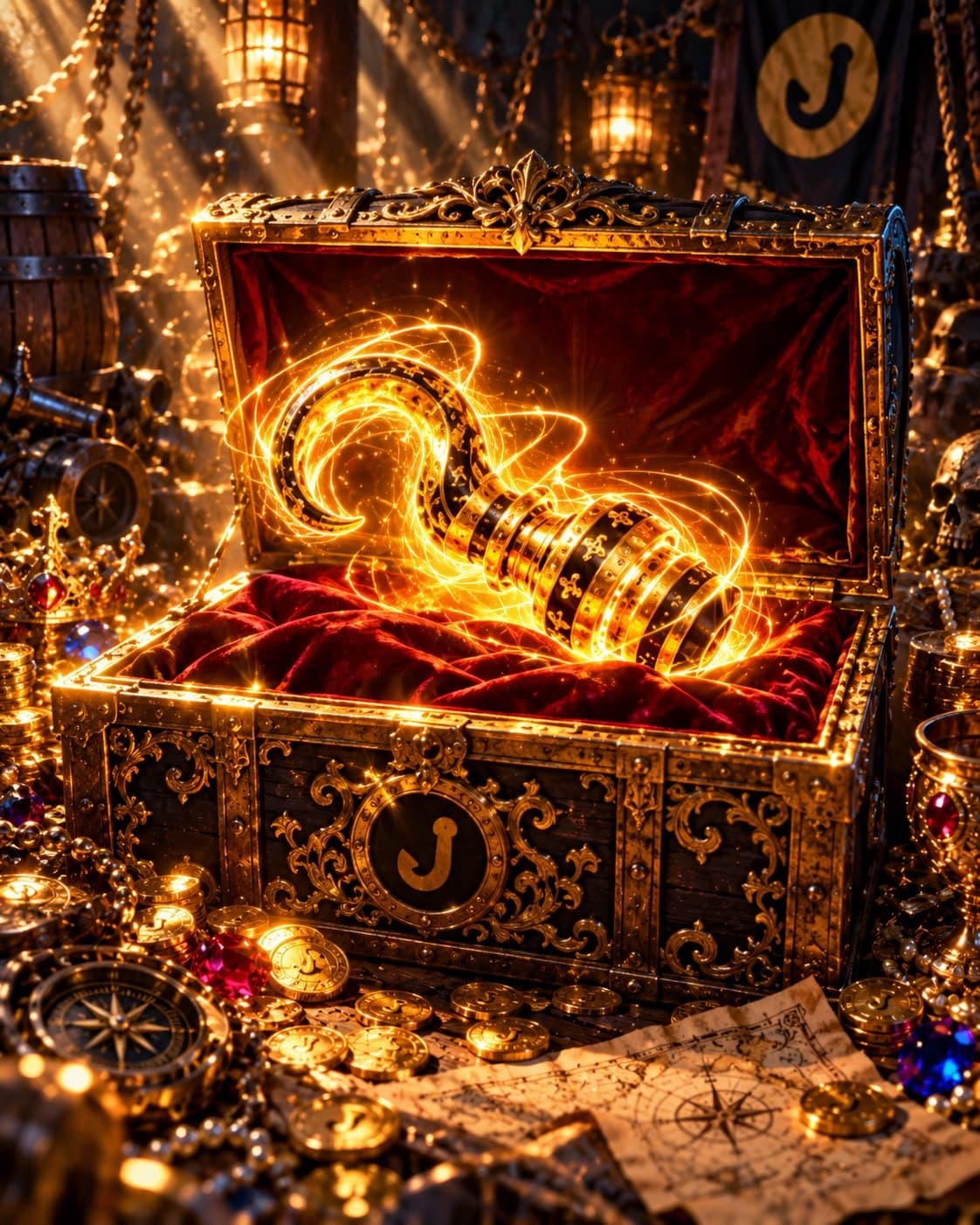 The golden hook resting in an open treasure chest full of hook coins
